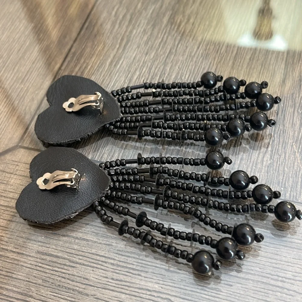 Vintage 80’s Black Sequin & Beaded Heart Clip Earrings